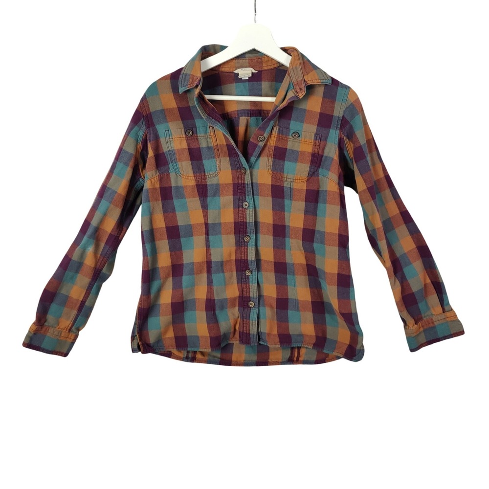 Duluth Trading Plaid Flannel Vented Top Women Small Long Sleeve Button Granola